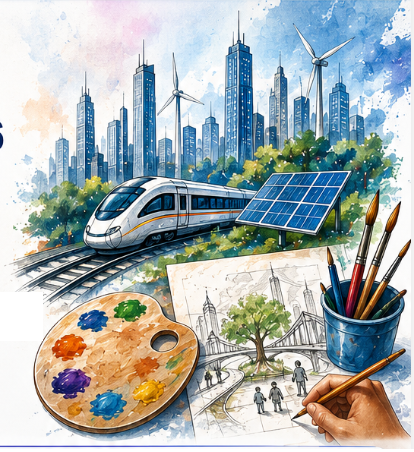 Watercolor illustration blending a city skyline, wind turbines, a high-speed train, solar panels, and an artist's palette and brushes